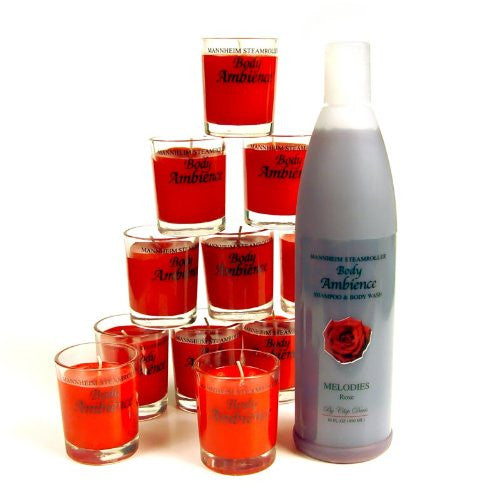 Rose Shampoo and Body Wash with 12-pack of Rose Aromatherapy Candles